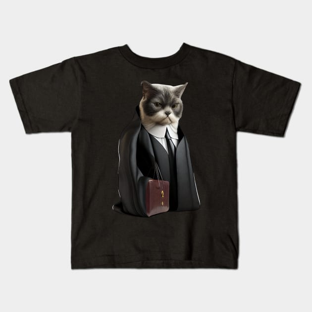 Skeptical Lawyer Cat in Advocate Gown Kids T-Shirt by ZUCCACIYECIBO